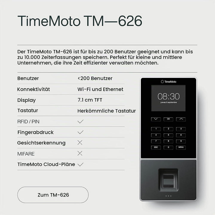 TimeMoto TM-626 - Zeiterfassungssystem mit Fingerabdruck- und RFID-Leser für bis zu 200 Benutzer - I