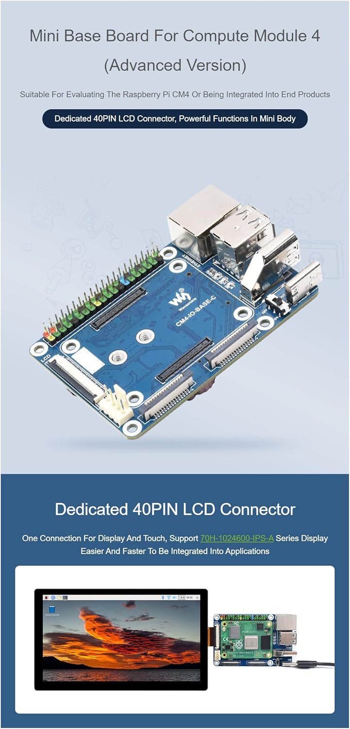 Mini Base Board (C) for Raspberry Pi Compute Module 4 (CM4), 40PIN LCD Connector, Gigabit Ethernet R