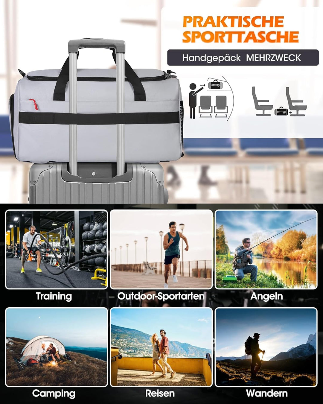 RAINSMORE 3 IN 1 Sporttasche Herren 45L Reisetasche Rucksackfunktion Handgepäck mit Schuhfach Latopf