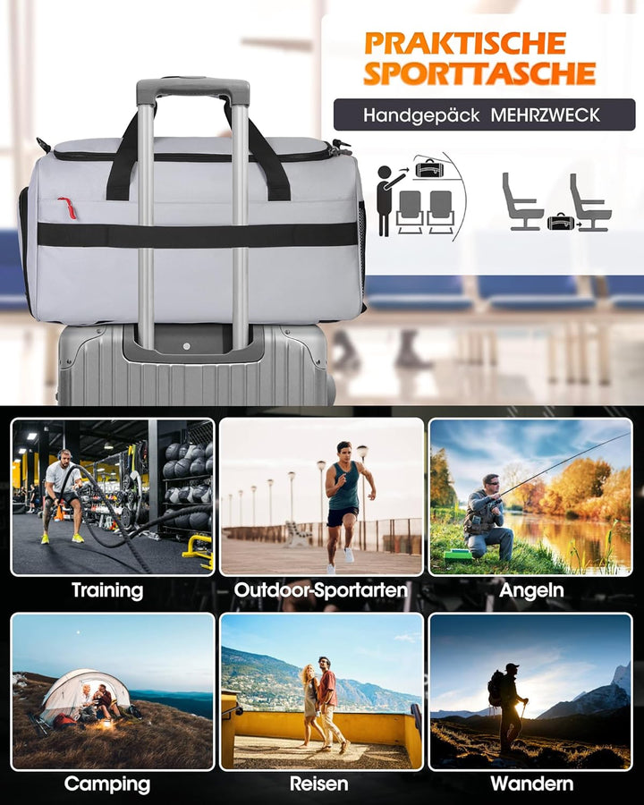 RAINSMORE 3 IN 1 Sporttasche Herren 45L Reisetasche Rucksackfunktion Handgepäck mit Schuhfach Latopf