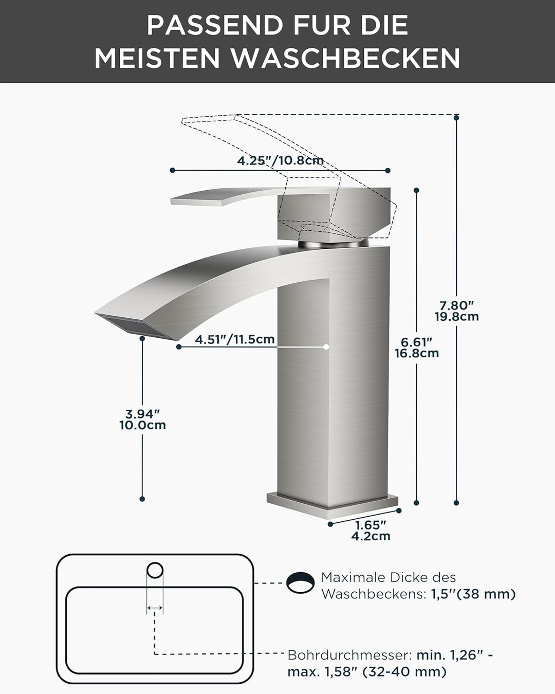 FORIOUS Wasserhahn Bad, Wasserfall Waschtischarmatur mit Auslauf Höhe 100 mm, Mischbatterie Armatur