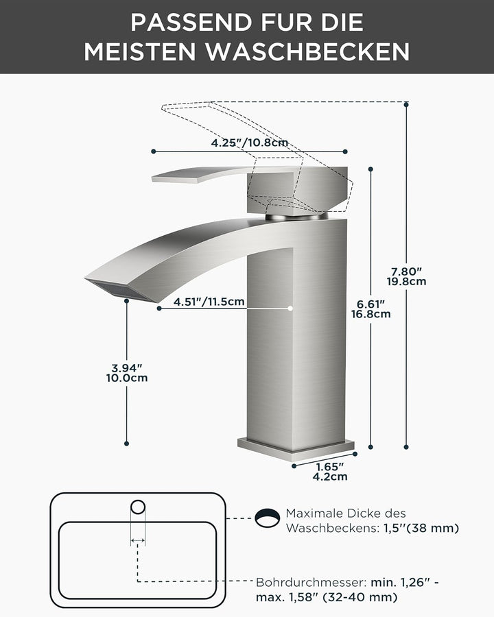 FORIOUS Wasserhahn Bad, Wasserfall Waschtischarmatur mit Auslauf Höhe 100 mm, Mischbatterie Armatur