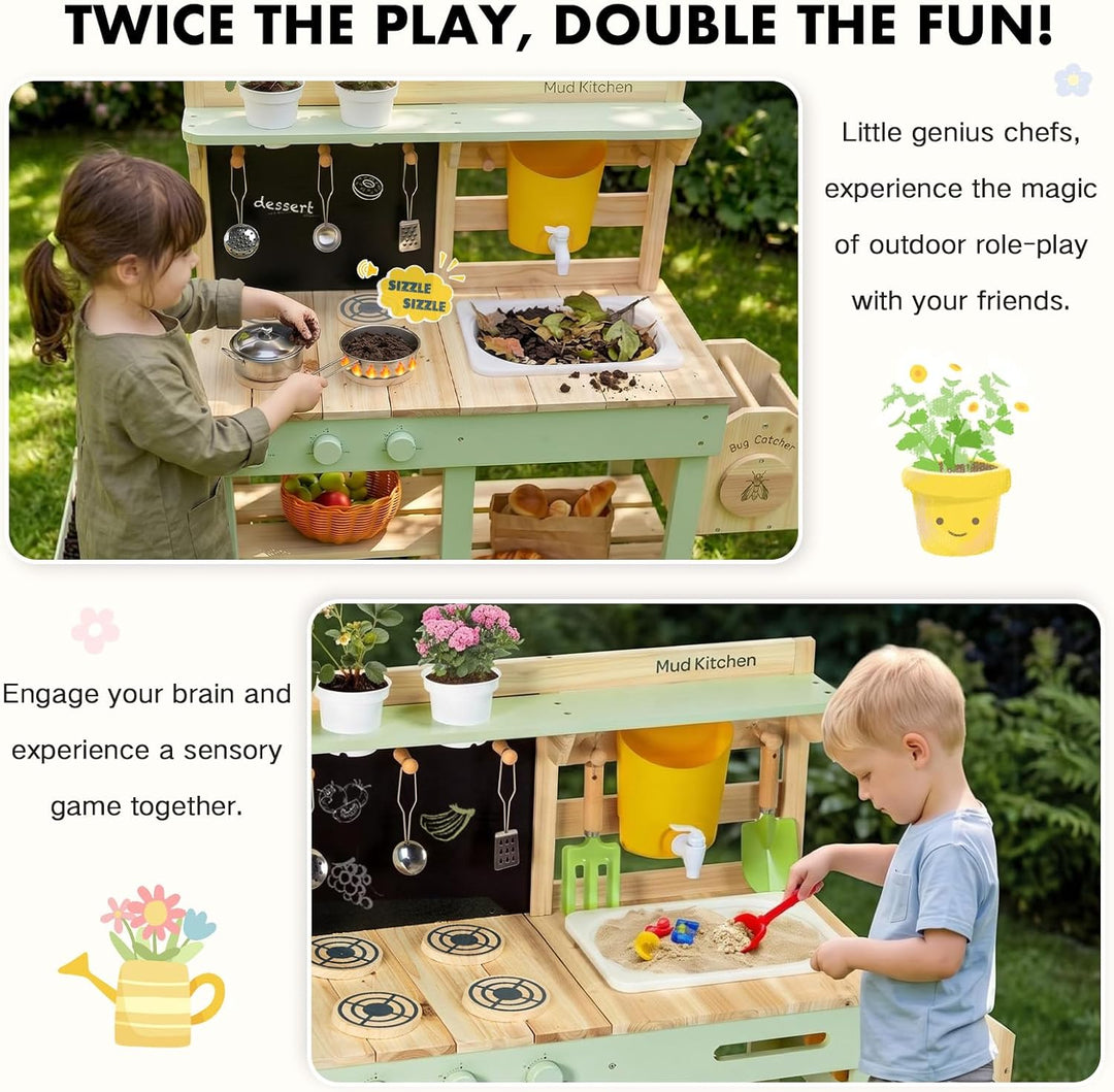Labebe Matschküche Kinder Outdoor, 3-in-1 Matschküche mit Pflanzkasten und Insekten-Beobachtungsbox,