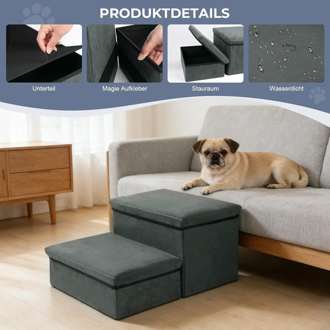 Hundetreppe 2 Stufen, Faltbare Haustiertreppe mit Stauraum, Katzentreppe Hunderampe Sofa für Alte Ka