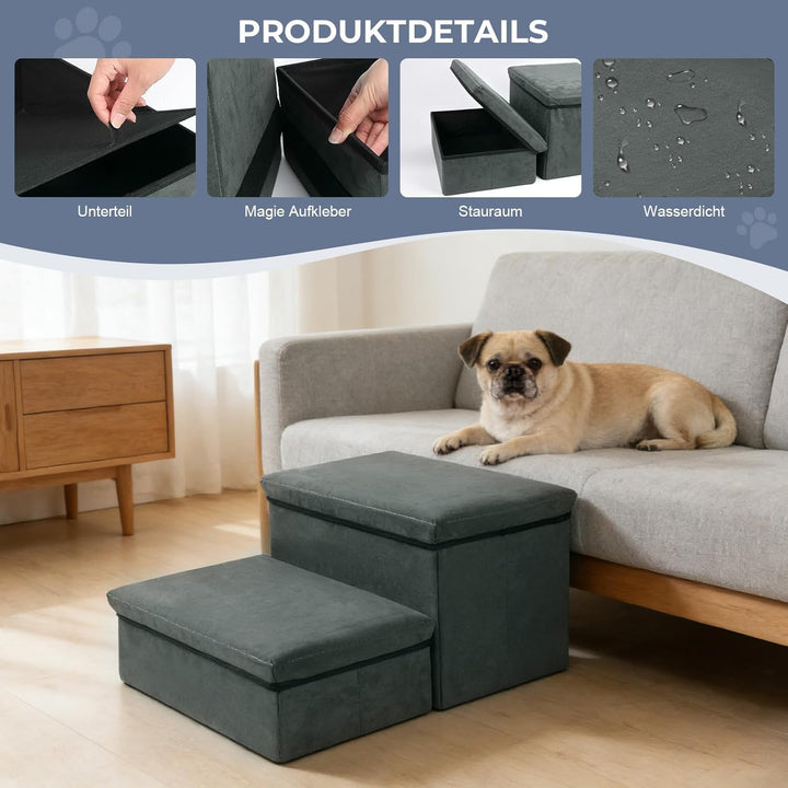 Hundetreppe 2 Stufen, Faltbare Haustiertreppe mit Stauraum, Katzentreppe Hunderampe Sofa für Alte Ka