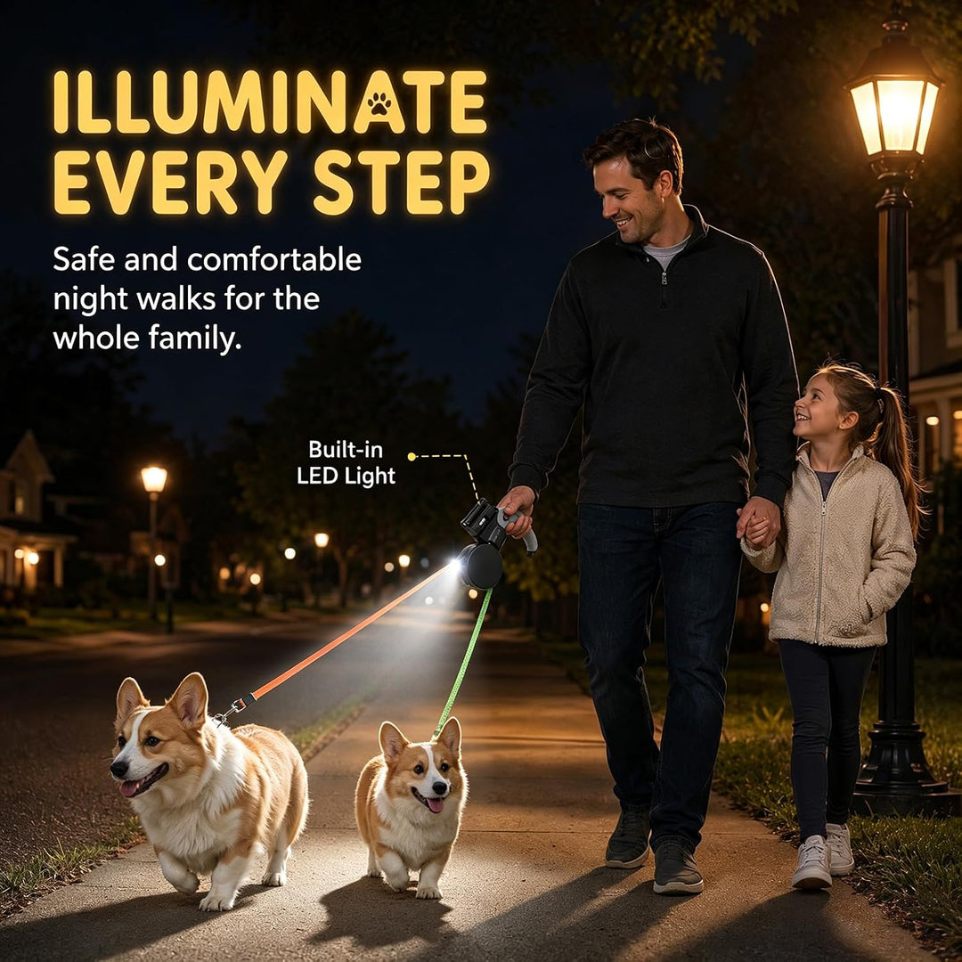 Gohytal Doppelleine 3 Meter für 2 Hunde, Ausziehbare Leine für Hunde mit LED-Licht, 360° Verhedderun