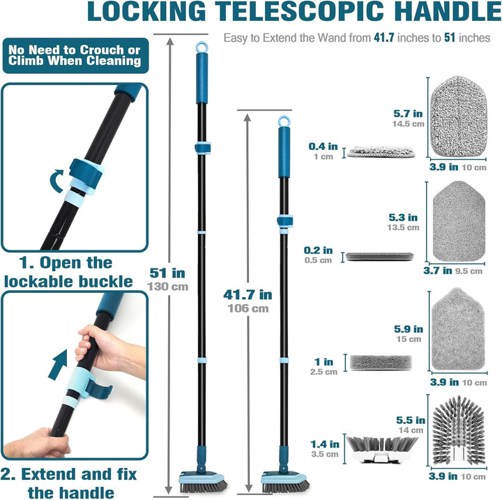 JEHONN Schrubber mit Stiel, Reinigungsbürste Bad mit Teleskopstange 130 cm, 4 Verschiedene Schwamm B
