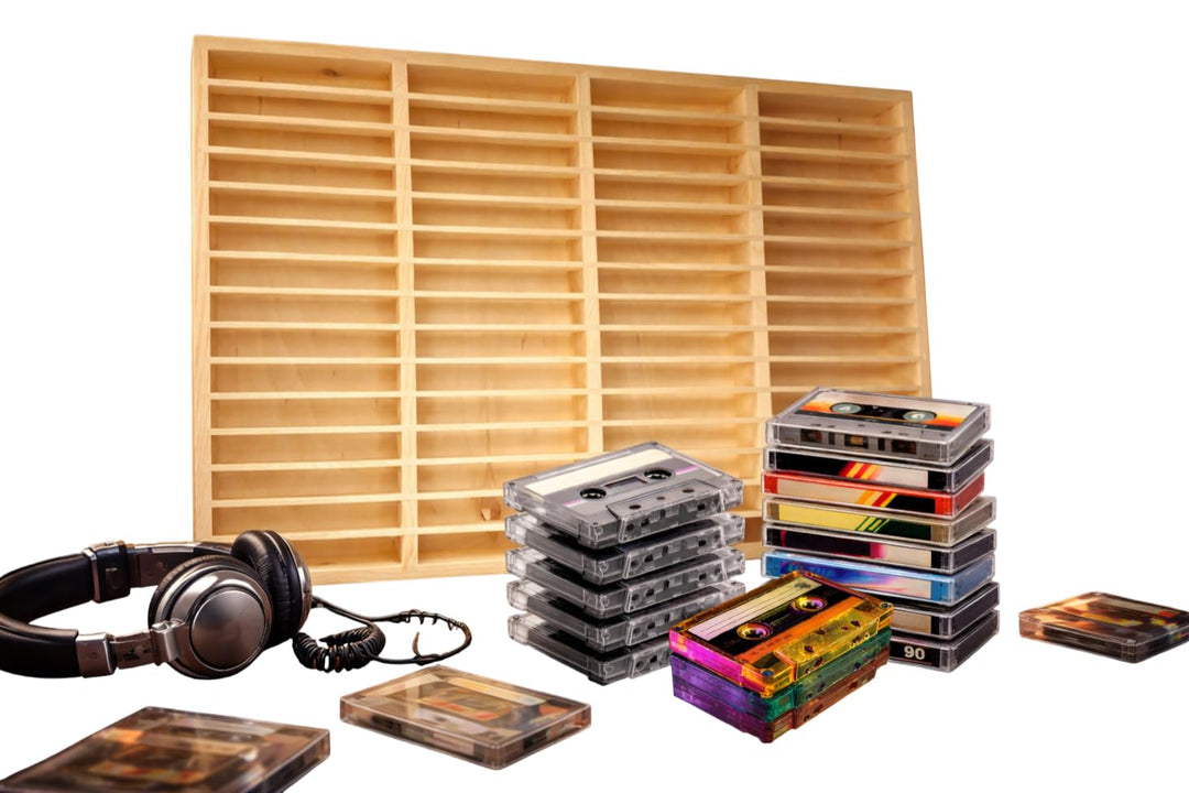 FabaCare MC-Kassetten Regal aus Holz – 60 Fächer, Sammler-Display für Audiokassetten, Musikkassetten