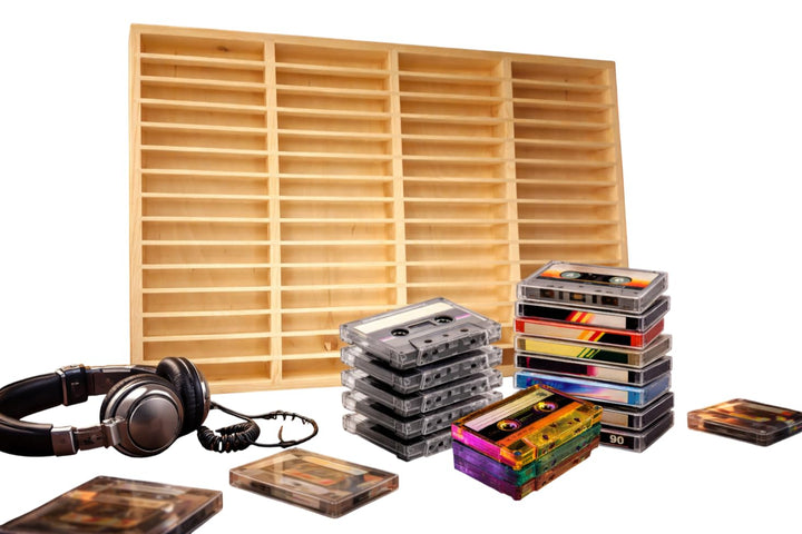 FabaCare MC-Kassetten Regal aus Holz – 60 Fächer, Sammler-Display für Audiokassetten, Musikkassetten