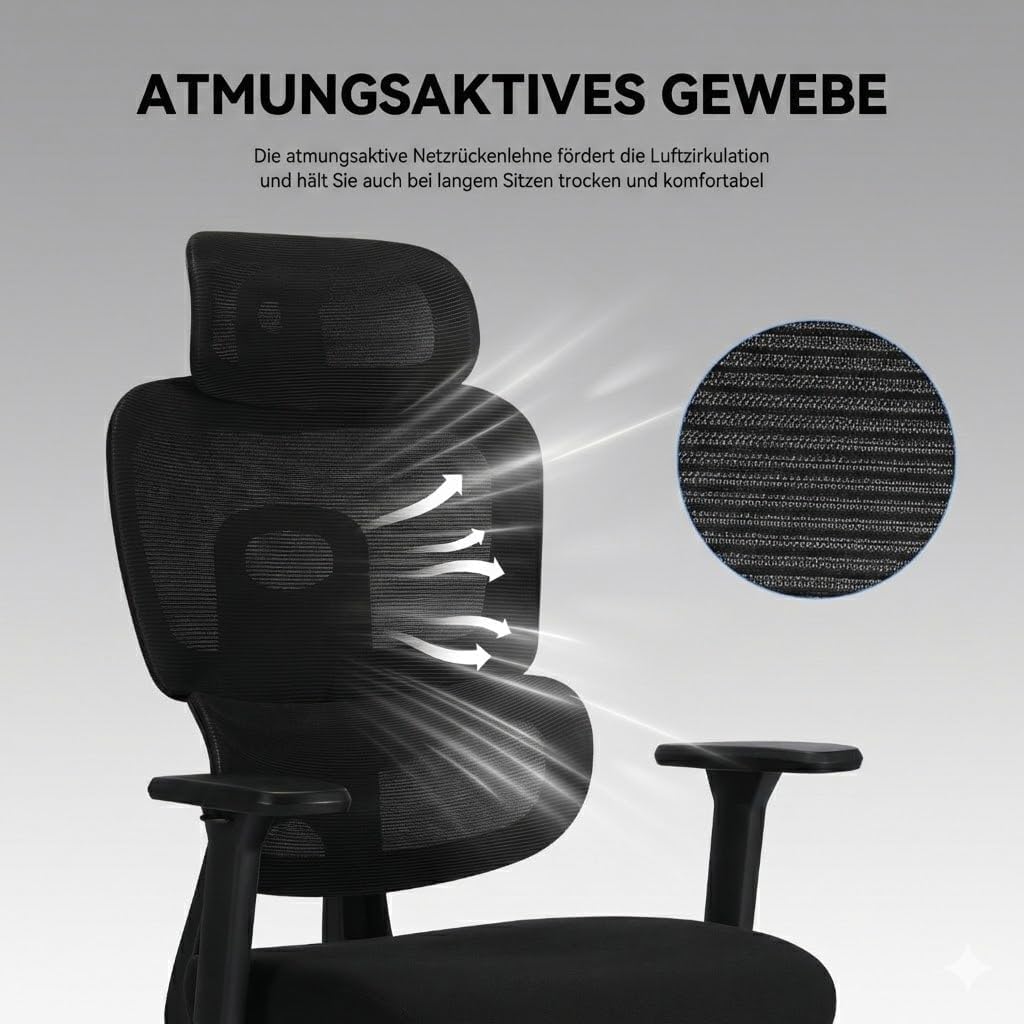 MUSSO E600AIR Ergonomischer Bürostuhl, hohe Rückenlehne, Heimbürostuhl mit adaptiver Lendenwirbelstü