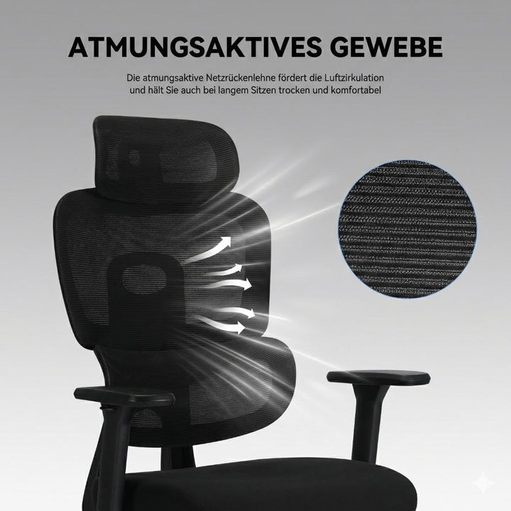 MUSSO E600AIR Ergonomischer Bürostuhl, hohe Rückenlehne, Heimbürostuhl mit adaptiver Lendenwirbelstü