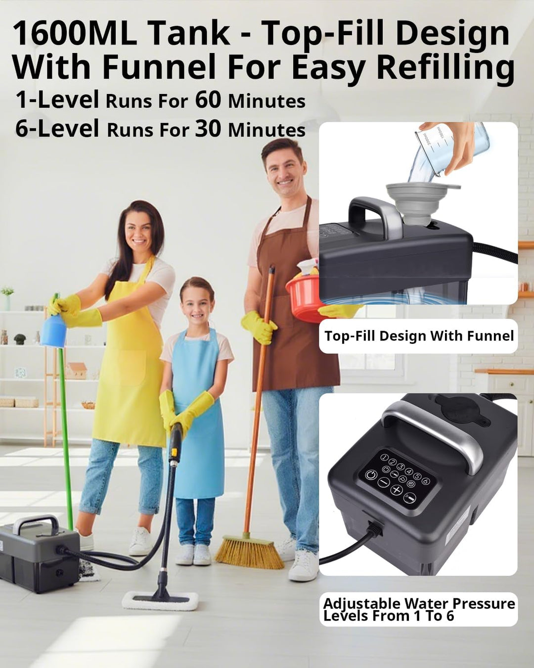 Dampfreiniger Handgerät für Alles 2500W | 6-Stufig Einstellbar, 1,6L Wassertank, 120 °C Dampf,15s Au