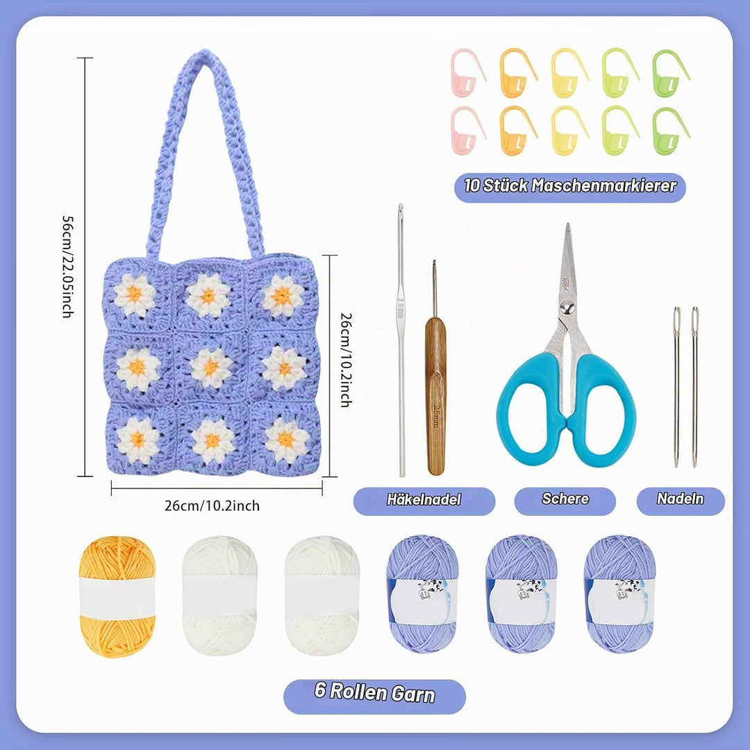 ORIGACH DIY Gänseblümchen-Häkel-Tragetaschen-Set für Anfänger, Floral Crochet Granny Square Handmade