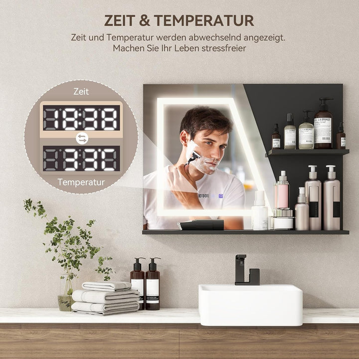YU YUSING Badspiegel mit Beleuchtung 80x60cm, LED Badezimmerspiegel Mit Uhr | Beschlagfrei, Touch-Sc