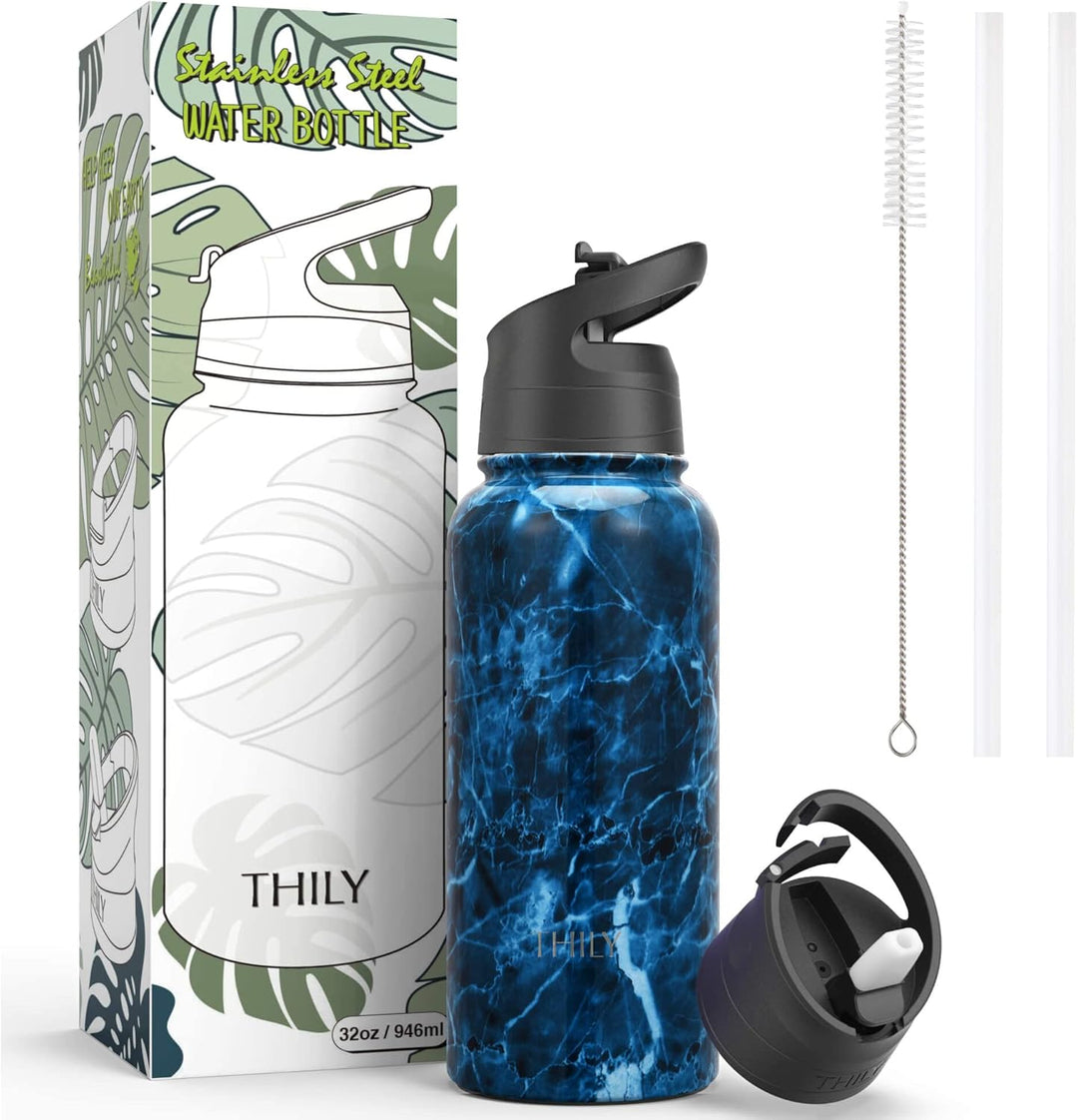 Vakuumisolierte Sport-Wasserflasche - THILY 945 ml Edelstahl-Weithalsflasche mit Flip-Deckel und Str