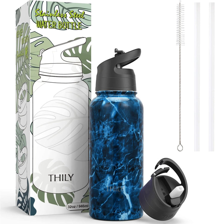 Vakuumisolierte Sport-Wasserflasche - THILY 945 ml Edelstahl-Weithalsflasche mit Flip-Deckel und Str