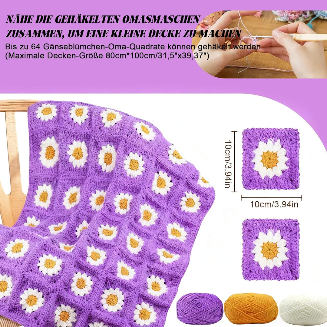 Haayymo Granny Square Decke Häkelset für Anfänger Kinder, Starter Häkelset mit Häkelnadeln, 5 Ply Hä