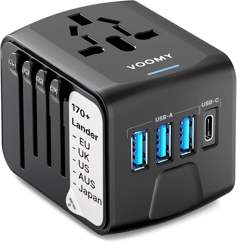 VOOMY Reiseadapter Weltweit, Universal Reisestecker mit 3USB, 1USB, 1AC Steckdose, Reiseadapter Euro