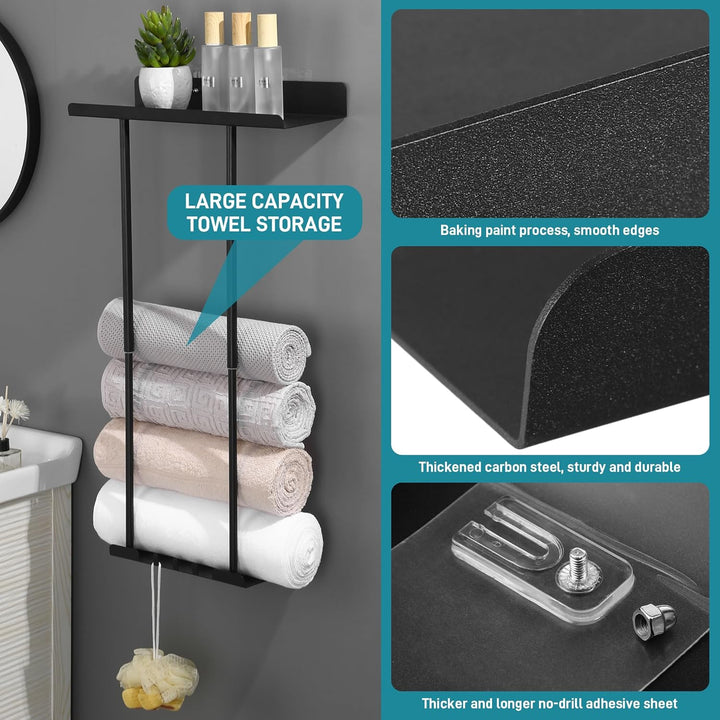Handtuchregal ohne Bohren Badezimmer Wand, Edelstahl Schwarz Handtuch Regal, Haltbar Gästehandtuchha