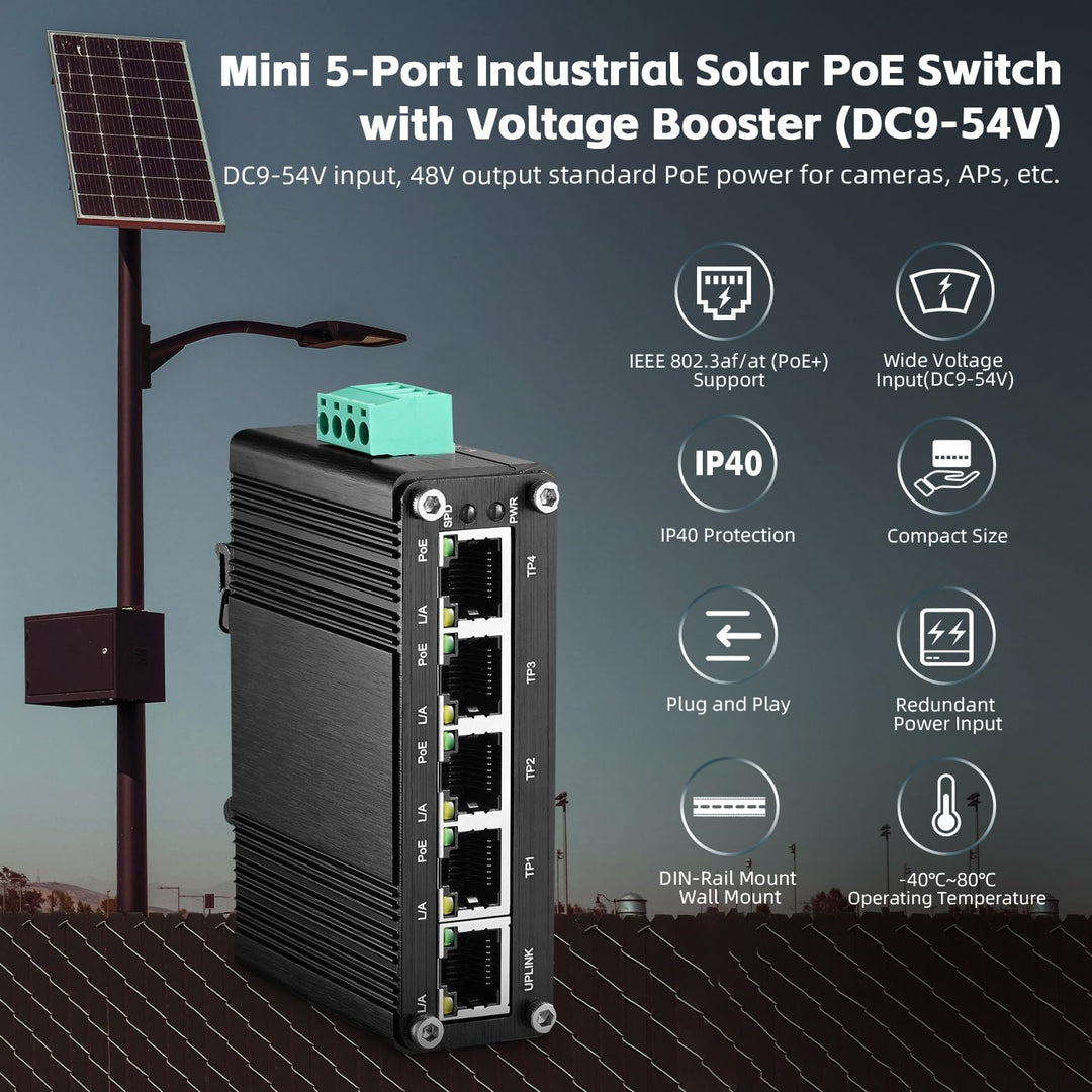 Binardat Industrial Mini 5 Port Gigabit Solar POE Switch, Eingang DC9V-54V bis DC48V Voltage Booster