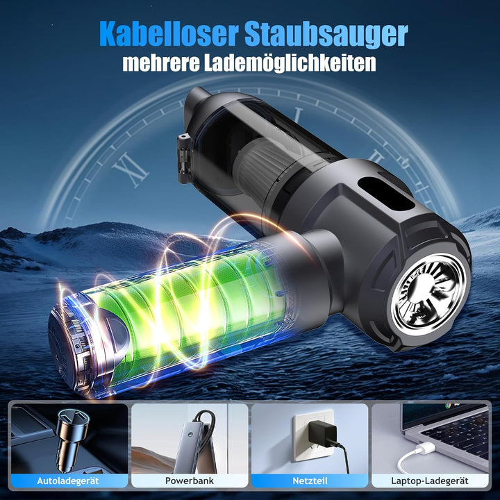 Handstaubsauger Akku, 26000Pa Mini Staubsauger, 6000mAh, 4-in-1 Auto Staubsauger Stark Blasen und Sa