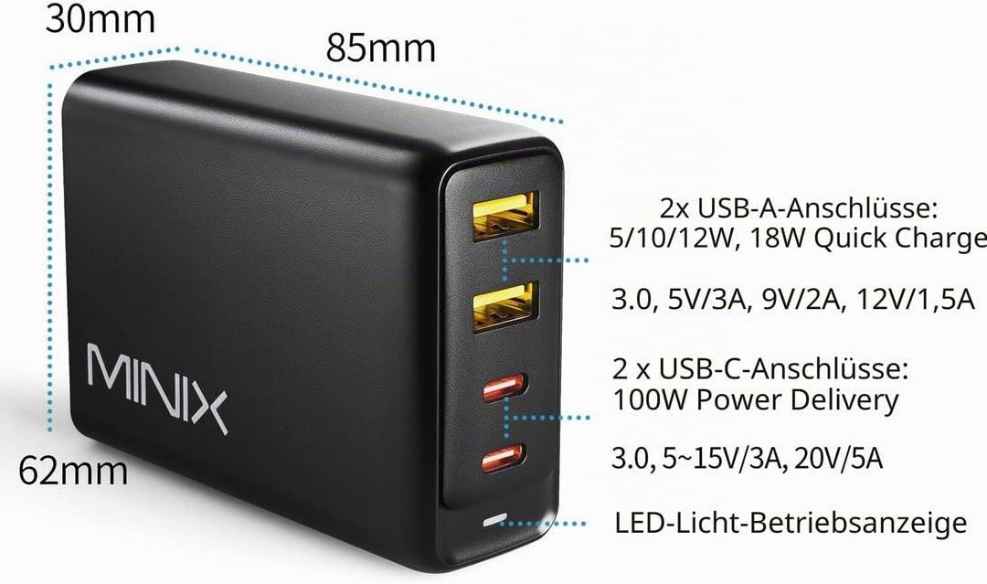 MINIX 100 W Turbo GaN Ladegerät mit 4 Anschlüssen, universelles Schnellladegerät 2 x USB-C Power Del