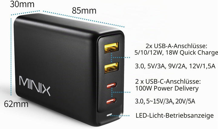MINIX 100 W Turbo GaN Ladegerät mit 4 Anschlüssen, universelles Schnellladegerät 2 x USB-C Power Del