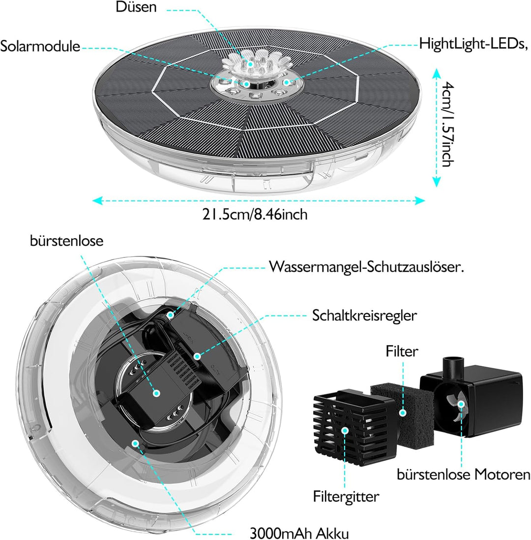 AISITIN 6,5W LED Solar Springbrunnen mit Verstellbare Stützstange, Buntes Solar Teichpumpe Eingebaut