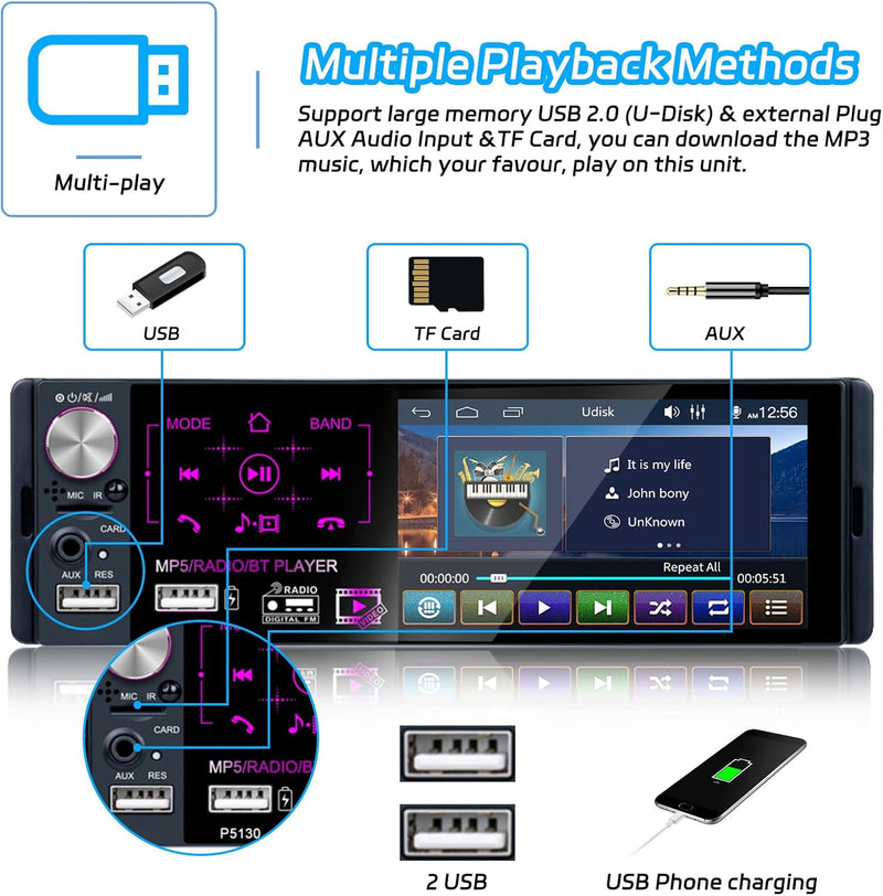 RDS Autoradio 1 Din Bluetooth Freisprecheinrichtung, Hikity 4,1 Zoll Bildschirm Touch Display mit FM