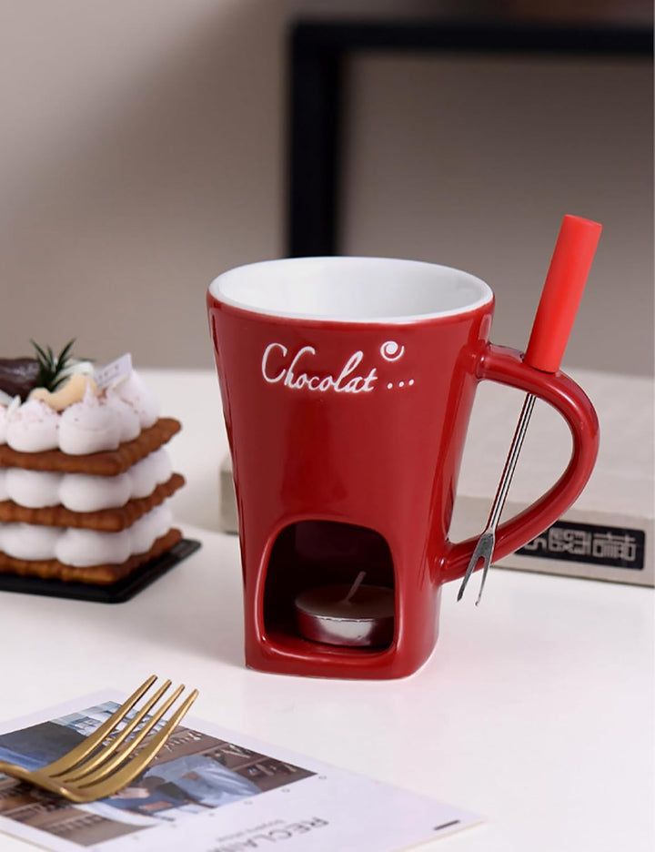 Keramik Schokofondue Tasse Set mit Mit Gabel - 200ml, Rot, Rot