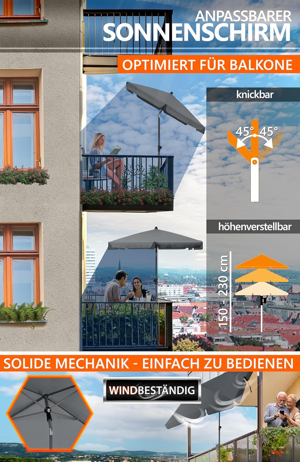 4smile Sonnenschirm Balkon SunnyShade, 3-in-1 SET, Anthrazit - UPF 50+ Sonnenschirm rechteckig 200 x