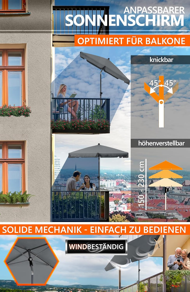 4smile Sonnenschirm Balkon SunnyShade, 3-in-1 SET, Anthrazit - UPF 50+ Sonnenschirm rechteckig 200 x