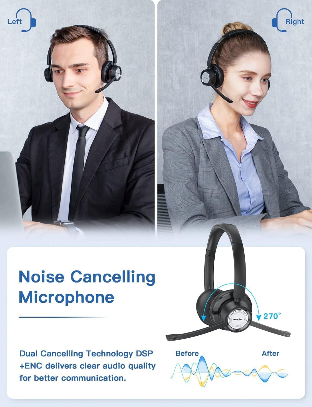 New Bee Wireless Headset, Bluetooth Headset mit Mikrofon Geräuschunterdrückung 20 Stunden Sprechzeit