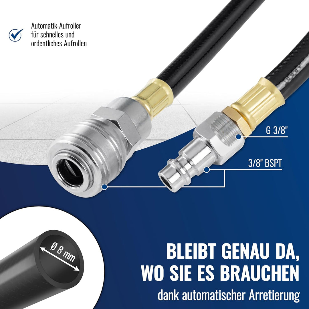 Poppstar Druckluftschlauchtrommel (Schlauch: 10m + 1m, Innendurchmesser 5/16"(8x12mm), 3/8"BSPT), Sc