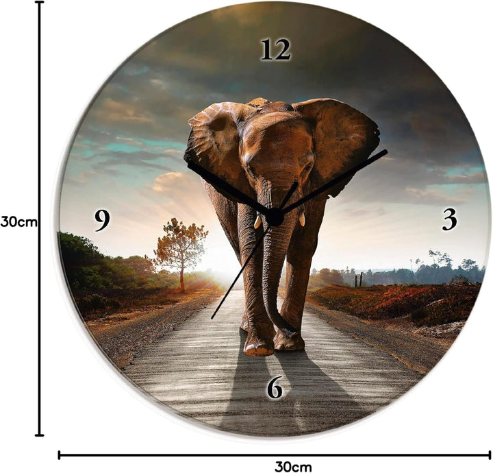 ARTLAND Wanduhr ohne Tickgeräusche Glas Quarzuhr Ø 30 cm Rund Lautlos Elefant auf Strasse Elefant Qu