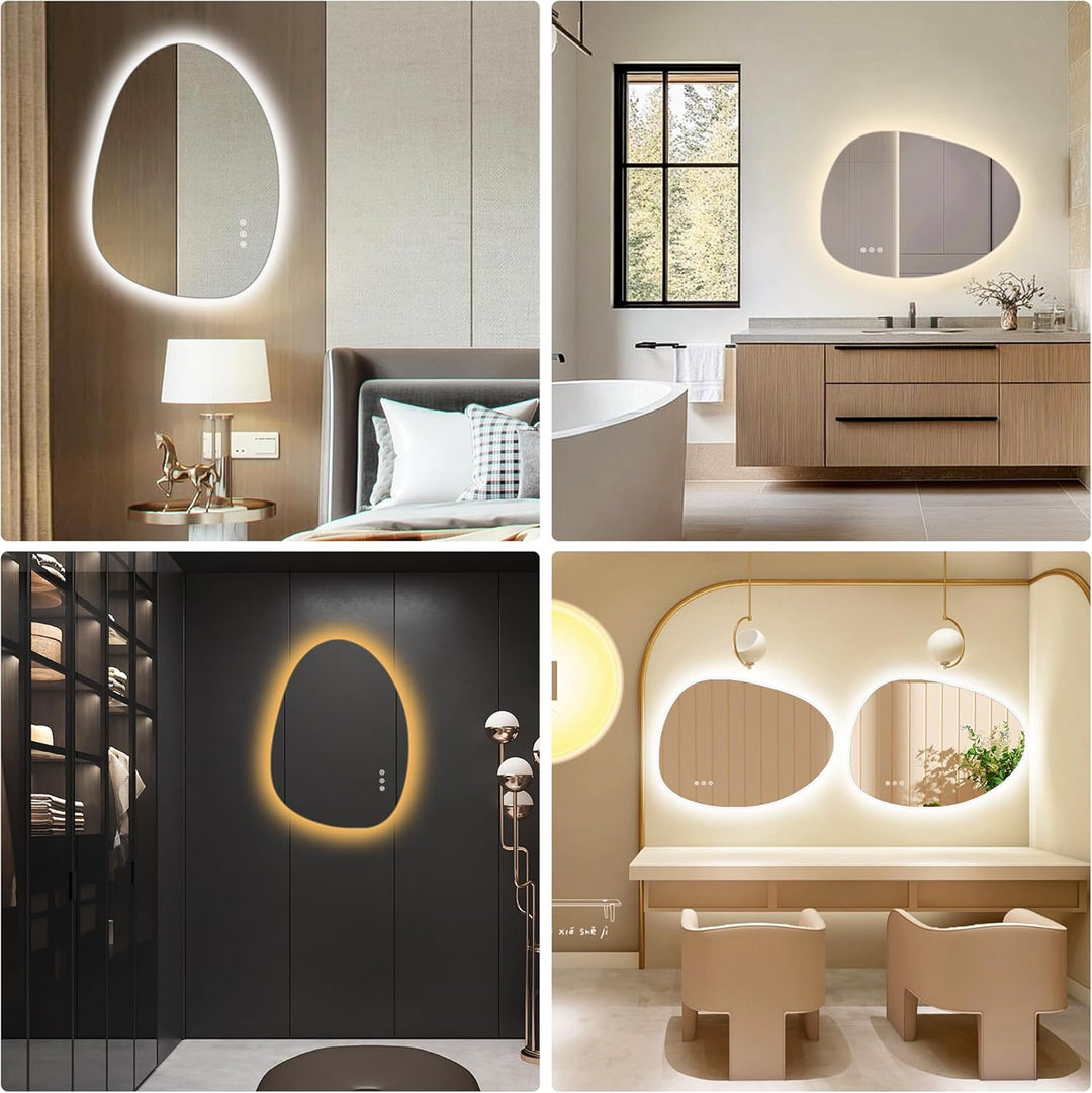 Asymmetrischer Spiegel mit LED-Beleuchtung, 65x50cm, ohne Rahmen, mit Touch-Schalter, Antibeschlag,