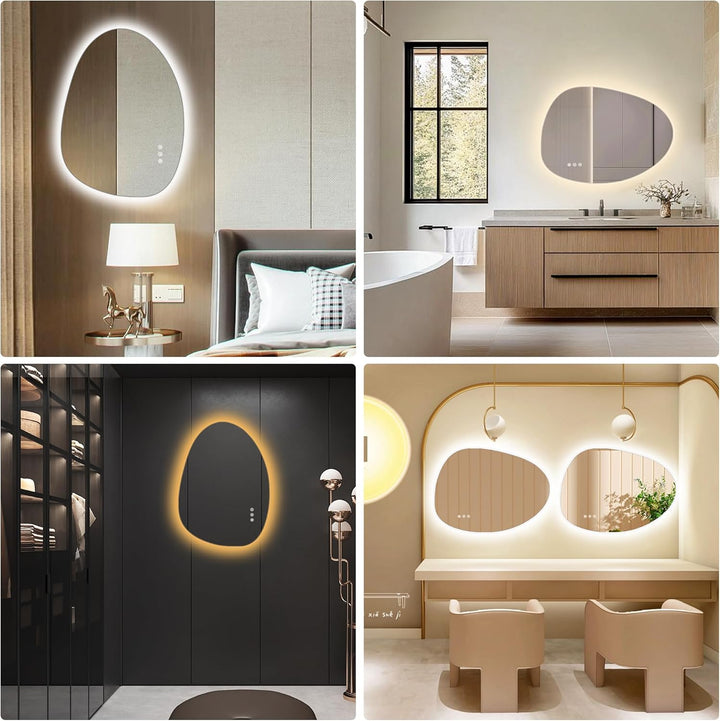 Asymmetrischer Spiegel mit LED-Beleuchtung, 65x50cm, ohne Rahmen, mit Touch-Schalter, Antibeschlag,