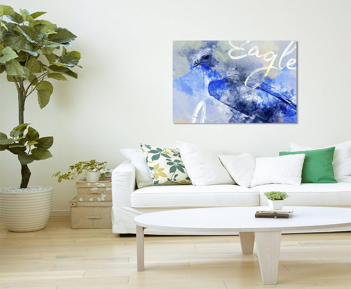 Paul Sinus Art Bild Leinwand 80x60cm Anmutiger Adler in Blautönen mit Kalligraphie, 80x60cm