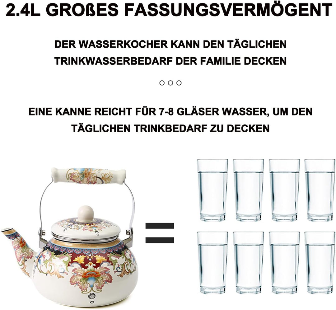 Pevfeciy Wasserkessel Emaille 2.4L Nostalgie Teekessel Retro Wasserkocher Induktion, Flötenkessel fü