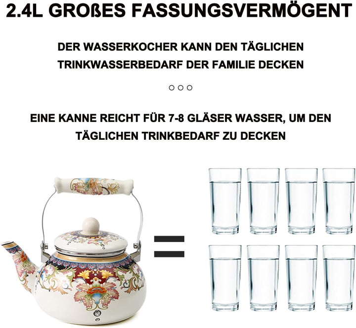Pevfeciy Wasserkessel Emaille 2.4L Nostalgie Teekessel Retro Wasserkocher Induktion, Flötenkessel fü