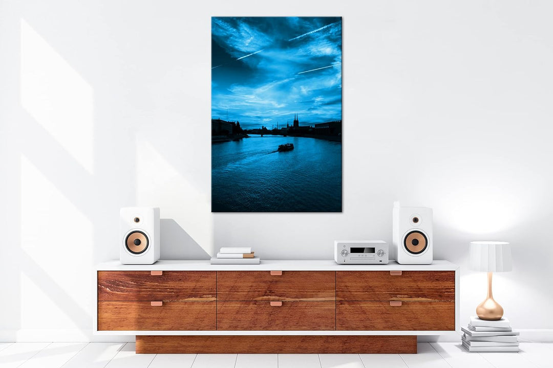 deyoli Stadt an einem Fluss in Polen Format 80x60 Effekt: Monocrome Blau als Leinwandbild, Motiv fer