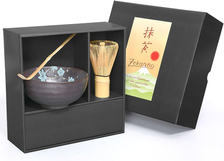 Matcha-Set 3-teilig, 250ml anthrazit/blau, gesprenkelt/Matcha Schale/Matcha Bambuslöffel/Matcha Bamb