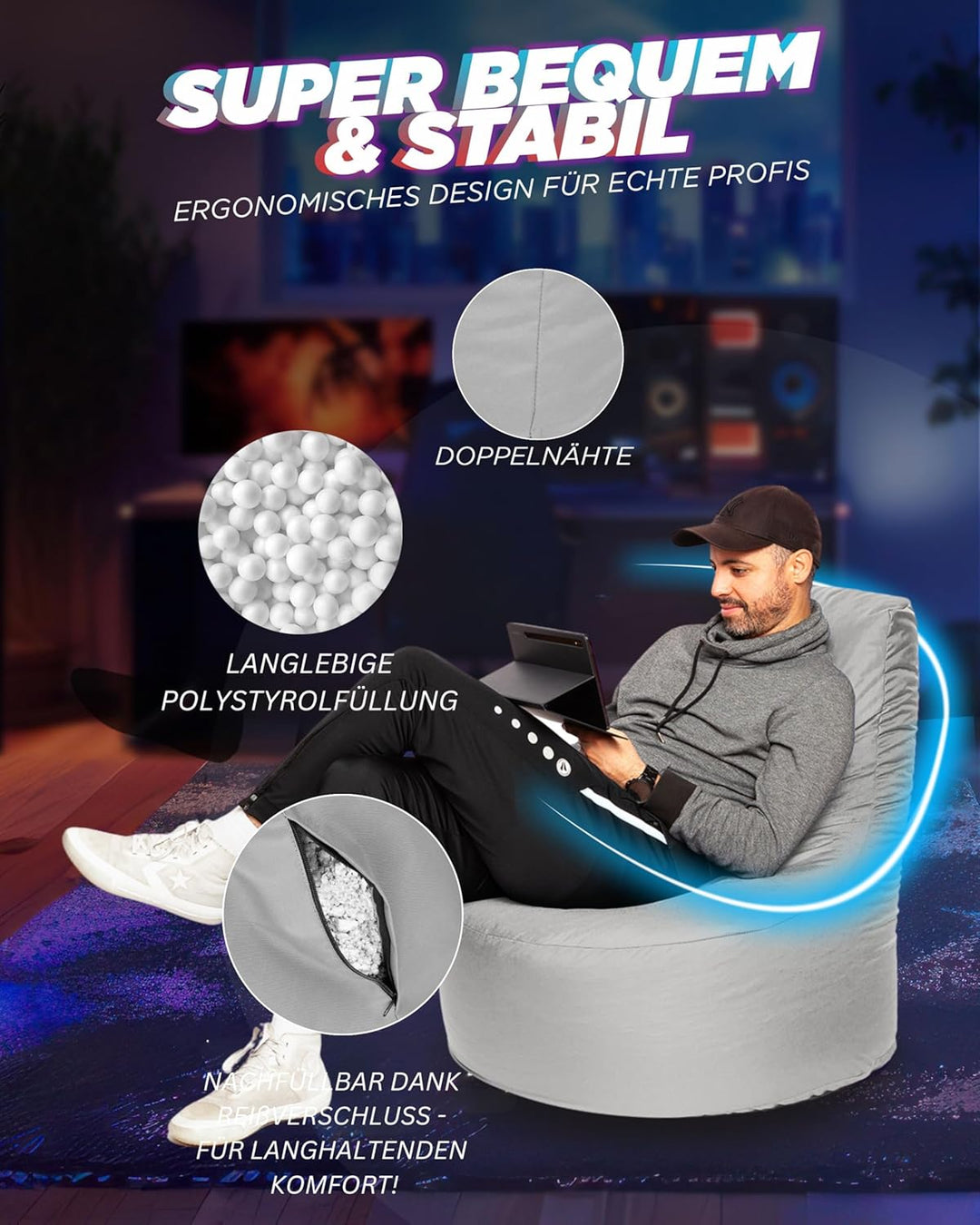 PATCH HOME Gamer Kissen & Lounge Sitzsack – befüllbar mit Reissverschluss, gefüllt mit Styropor, gee