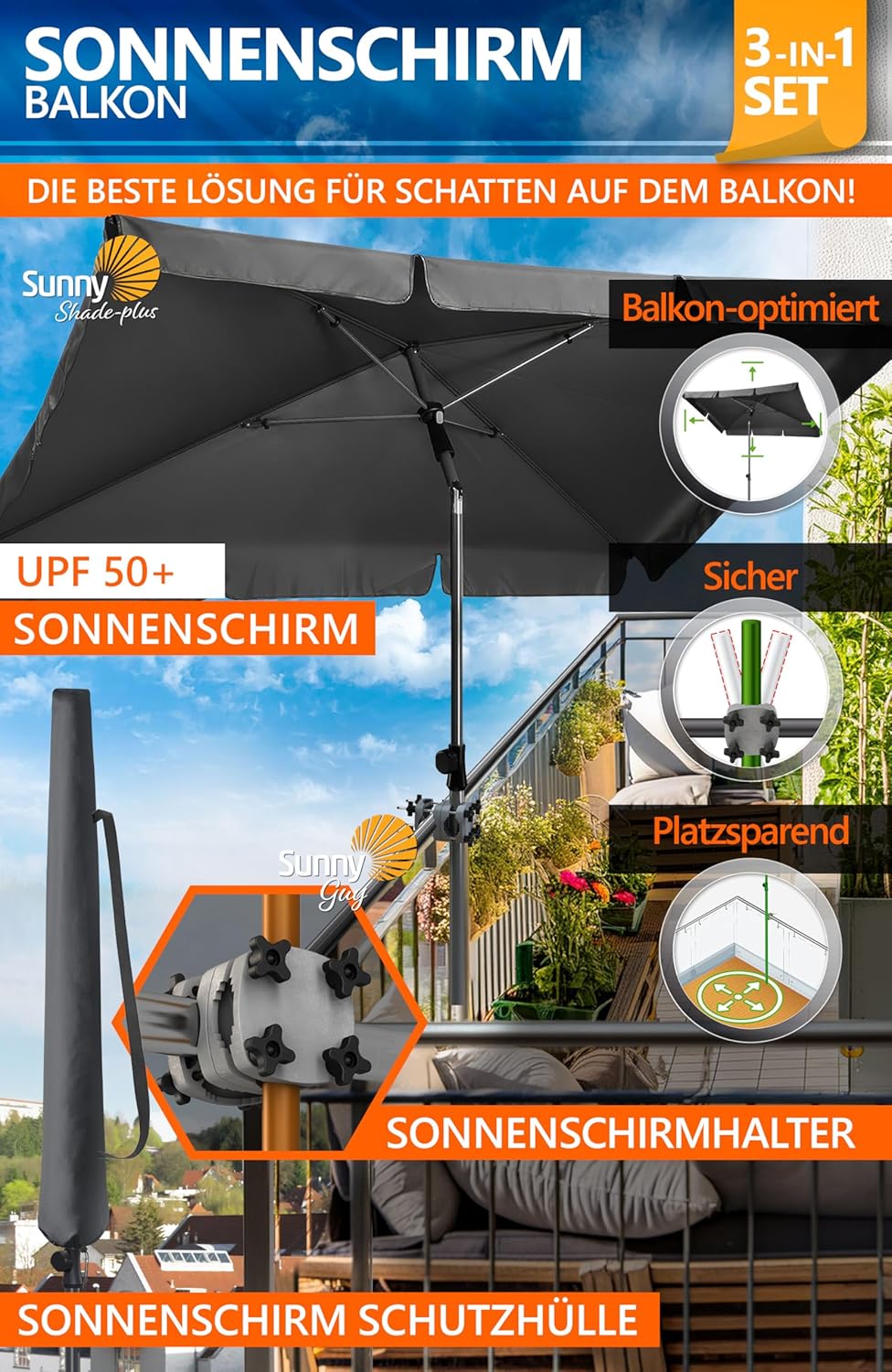 4smile Sonnenschirm Balkon SunnyShade 3-in-1 SET, Anthrazit - 200 x 125 cm Sonnenschutz Balkon - UPF