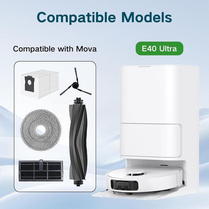 Zubehör Ersatz für Mova E40 Ultra Saugroboter, 1 Hauptbürste, 4 HEPA Filter, 4 Seitenbürsten, 4 Wisc