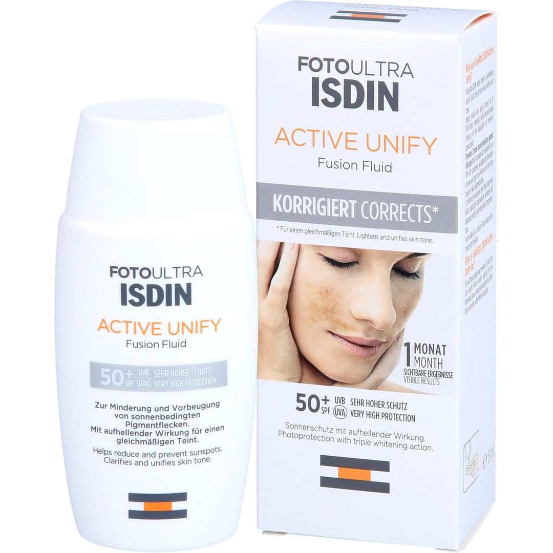 ISDIN FotoUltra Active Unify LSF 50+, Hellt auf und vereinheitlicht den Hautton, Sonnencreme mit dre