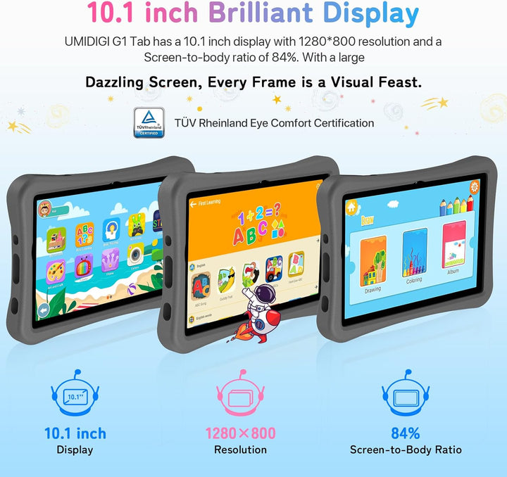 UMIDIGI Kinder Tablet 10.1 Zoll HD, G1 Tab Kids Tablet Android 13, 8GB(4+4)+64GB/TF 1TB Quad-Core,El