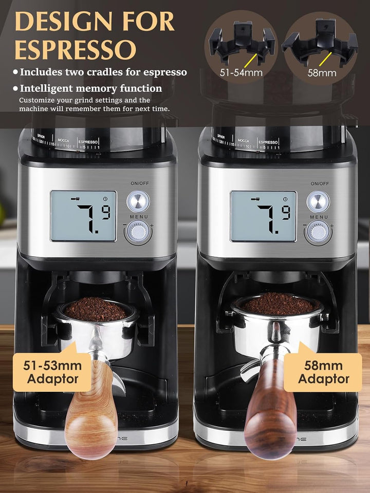 Homtone Elektrische Kaffeemühle für Siebträger und Behälter, 51 einstellbare Mahlgrade, Automatische