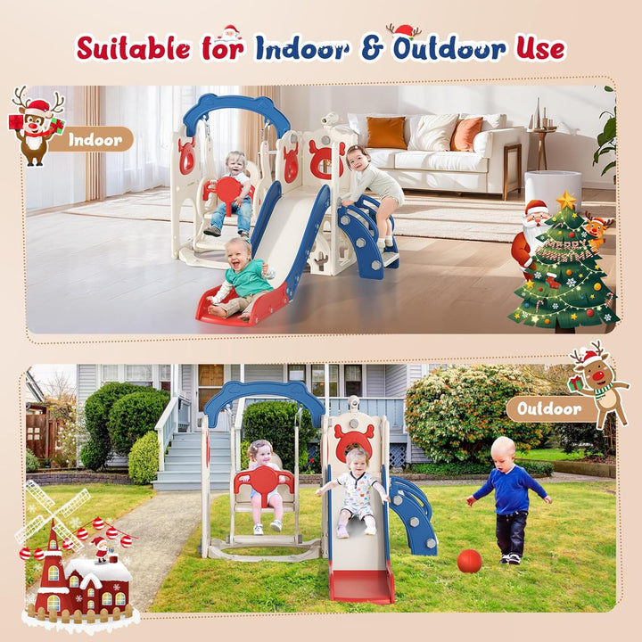 Krovtoy 6-in-1-Kleinkindrutsche, Kleinkindrutsche mit Weihnachtselchmotiv und Schaukelset, Babyrutsc
