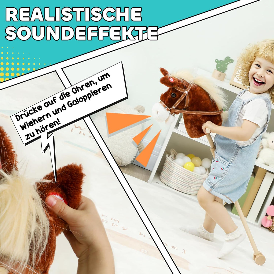 AIYAPLAY Hobby Horse Steckenpferd mit Sound, Griffe, Rolle, Holzstock, Hobby Horsing aus Polyester m